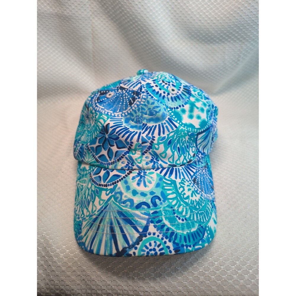Lilly Pulitzer Run Around Hat Blue Teal Green Seashell Print Baseball Cap OS
